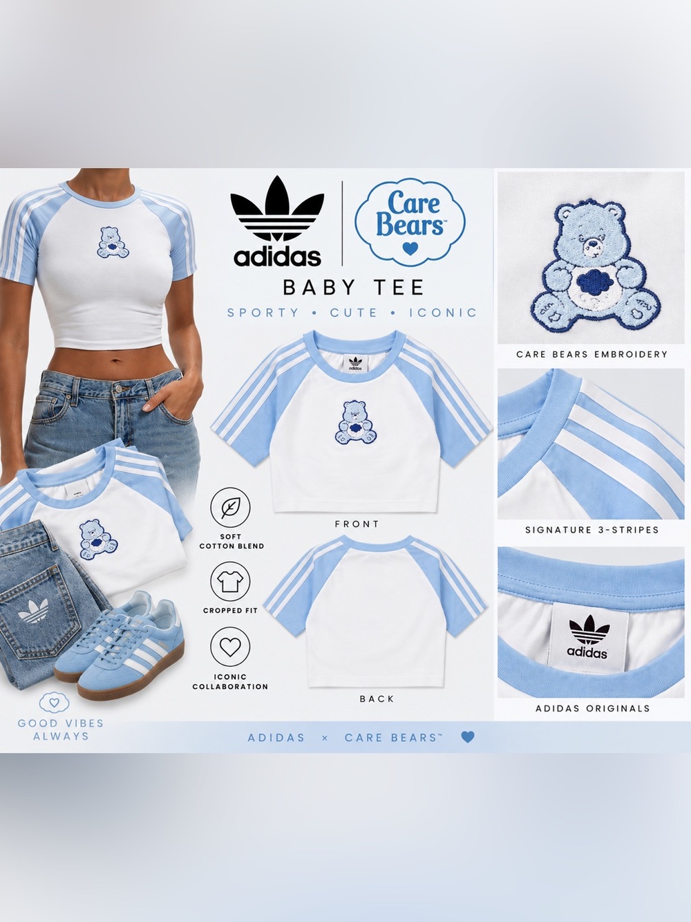 adidas x Care Bears White and Light Blue Cropped Baby Tee